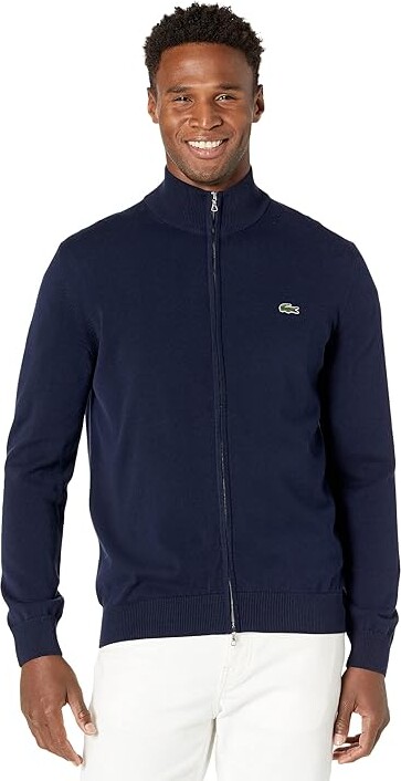 Lacoste Long Sleeve Solid Jersey Full Zip High Neck Sweater Men's Clothing Navy Blue : 7 (2XL), Jersey/Cotton