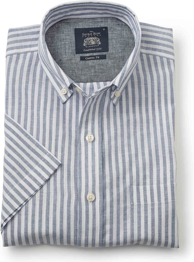 The Savile Row Company London Men's Classic Fit Linen-Cotton Blend Short  Sleeve Shirt - White Blue Stripe - Large - ShopStyle