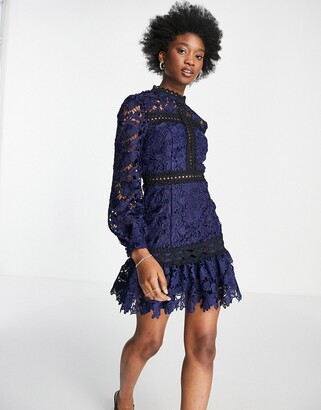 ASOS DESIGN floral lace mini dress with contrast lace detail and pep hem in  blue - ShopStyle