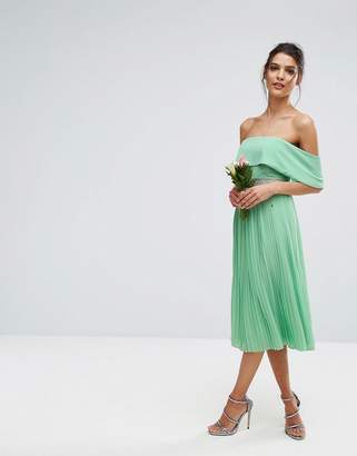 TFNC WEDDING Bardot Midi Dress with Pleated Skirt and Embellished Waist