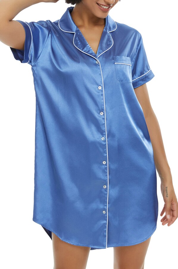 Alcea Rosea Womens Boyfriend Nightshirt Satin Sleep Shirt Short Sleeves Button Down Sleep Dress Nightie Sleepwear S-XXL 