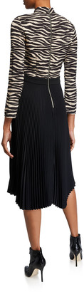 A.L.C. Peyton Zebra Mock-Neck 3/4-Sleeve Pleated Dress