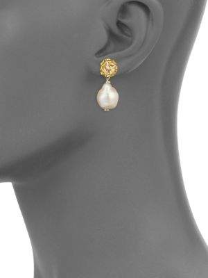 John Hardy Legends Naga 11M White Baroque Pearl & 18K Yellow Gold Drop Earrings
