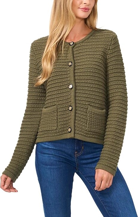 CeCe Cardigan Sweater with Front Pockets Women's Sweater Dark Clover : XS, Cotton/Polyester