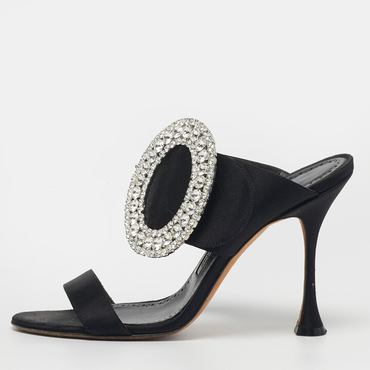 Manolo Blahnik Fibiona Size 37.5 Black Satin Crystal Embellished Slide Sandals