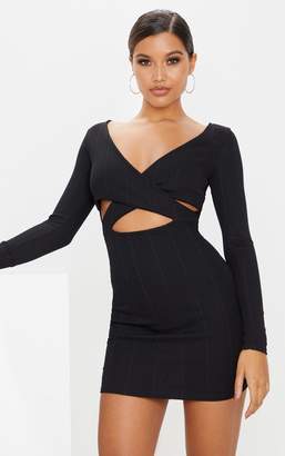 PrettyLittleThing Black Bandage Cross Front Cut Out Detail Bodycon Dress