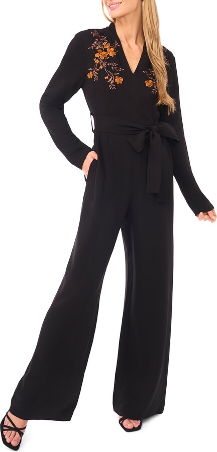 Ted Baker Floral Embroidered Long Sleeve Wide Leg Jumpsuit