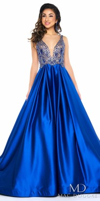 Mac Duggal Plunging V-shape Beaded Satin Ball Gown with Sweep Train