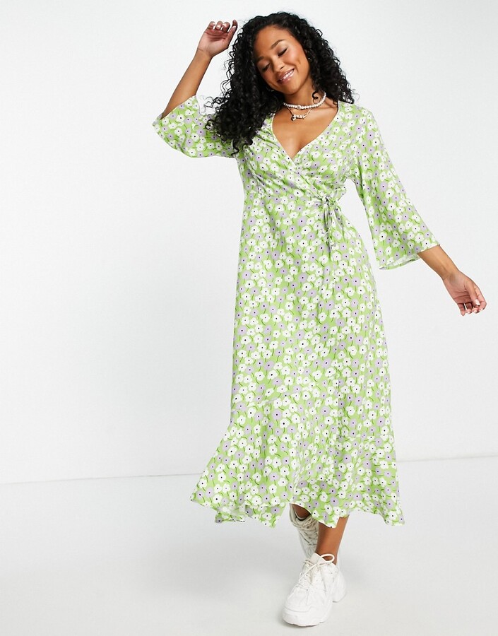 Monki Amanda ecovero viscose ditsy floral print midi wrap dress in green -  ShopStyle