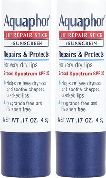 Aquaphor Aquaphor, Lip Repair Stick + Sunscreen, SPF 30, Fragrance Free, 2 Sticks, 0.17 oz (4.8 g) Each