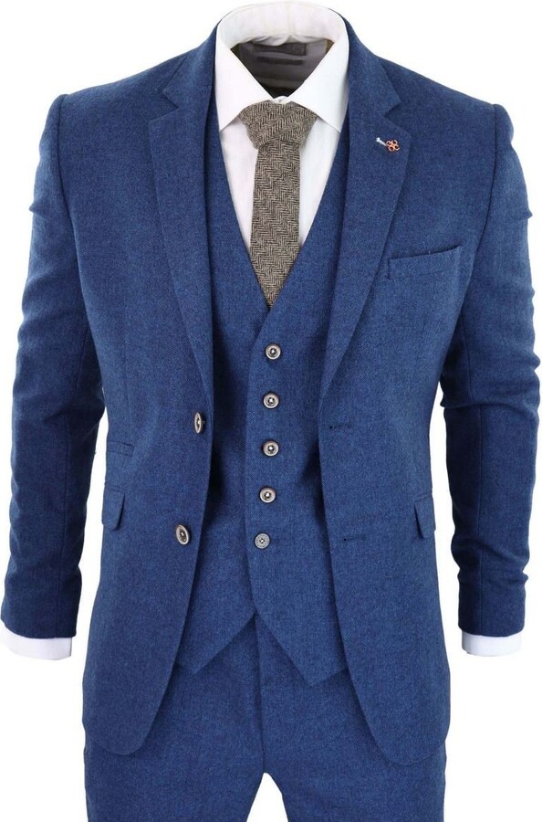 Oliver Tweed Mens 3 Piece Blue Tweed Wool Twill Vintage Classic Suit