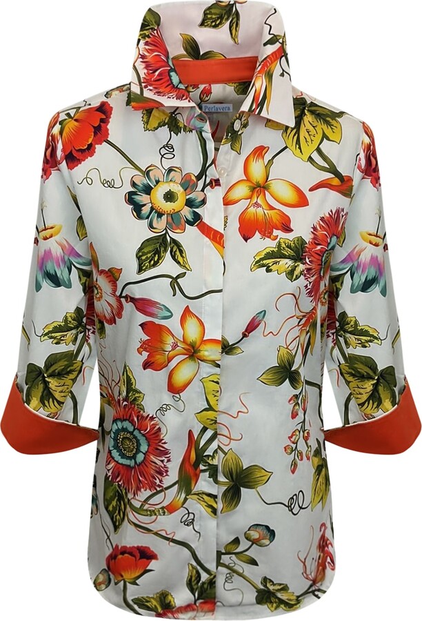 Perlavera Orange / White Cindy Ivy Orange Printed Three Quarter Sleeve Regular Slim Shirt