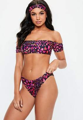 Missguided Black Leopard Print 3 Piece Headband Bardot Bikini Set, Purple