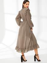 Thumbnail for your product : Shein Pleated Bishop Sleeve Jabot Ruffle Hem Dress