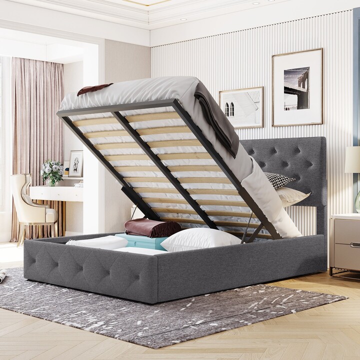 EDWINRAY Elegant Upholstered Bed with Gas Lift up Storage, Wooden