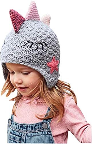 Toddler Kids Cartoon Winter Knitted Dinosaur Hat with Ear Flaps Double Layer Warm Hooded Beanie Cap Knitted Earcuff Hat Skiing Skating Outdoor Headgear for Girls Boys 1-5 Years