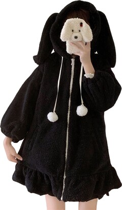 RICHBA Women Cute Bunny Ear Long Sleeve Kawaii Zipper Fuzzy Fluffy  RabbitSweet Tops Sweatshirt Hoodie Jacket Coats (Black - ShopStyle
