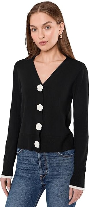 CeCe Crochet Floral Button Front Cardigan Women's Sweater Rich Black : MD Nylon/Polyester