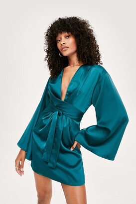 Nasty Gal Womens Satin Wide Sleeve Tie Front Mini Dress - ShopStyle