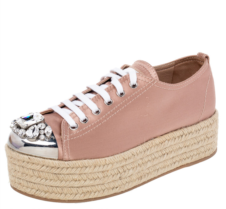 Miu Miu Pink Satin Crystal Embellished Metal Cap Toe Espadrille