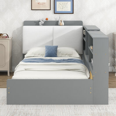 Latitude Run Twin Wood Platform Bed With Storage Headboard, Shelves, 2 Drawers, Gray Strength Drawers In Practicality