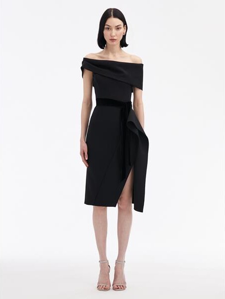 ODLR Ribbon-Detailed Off Shoulder Cocktail Dress