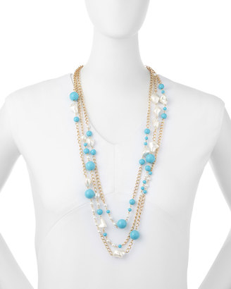 Kenneth Jay Lane Three-Row Turquoise-Hue & Pearly Bead Necklace