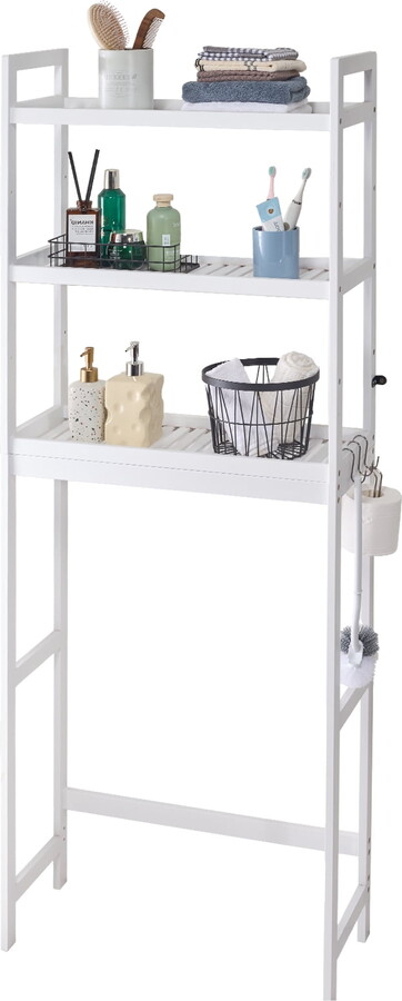 KFFKFF Over The Toilet Storage Shelf, 3-Level Bamboo Shelf with Adjustable Heights, Includes 3 Hooks, Standalone Bathroom Storage Solution, Compatible with Various Toilets, White