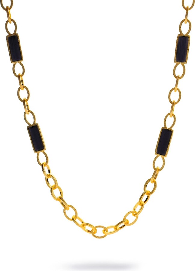 Ebru Jewelry Gold / Black Versatile Glow Black Cat Eye Gold Long Necklace - Black
