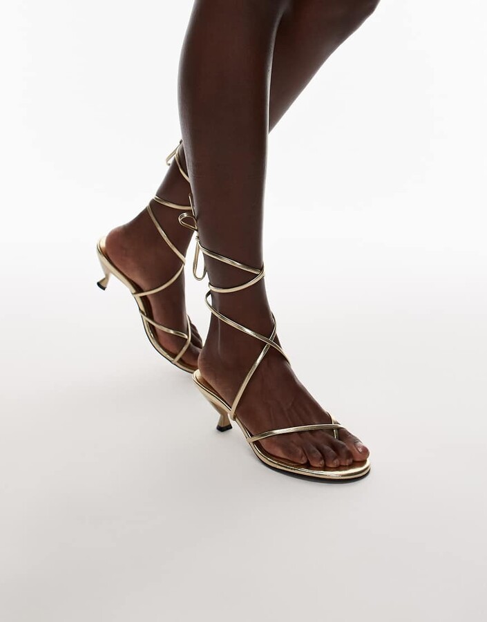 Topshop Imara strappy toe thong mid heels in gold