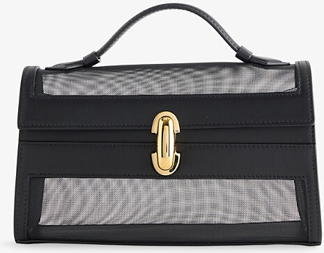 Savette Womens Black Symmetry Pochette Mesh and Leather Top-Handle Bag