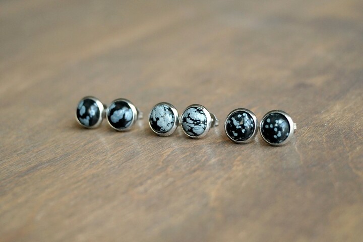 10mm Snowflake Obsidian Earrings Surgical Steel Studs Hypoallergenic Gemstone Jewelry Black + Gray Stone Minimalist Gift For Her