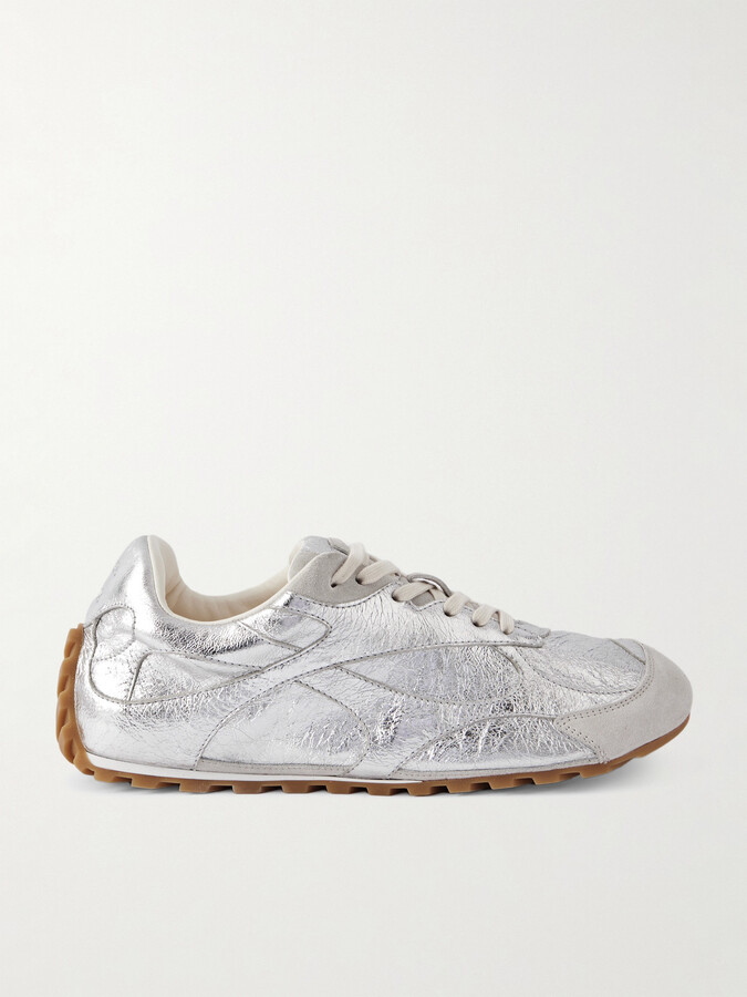 Bottega Veneta Orbit Flash Suede-trimmed Metallic Crinkled-leather Sneakers - Silver