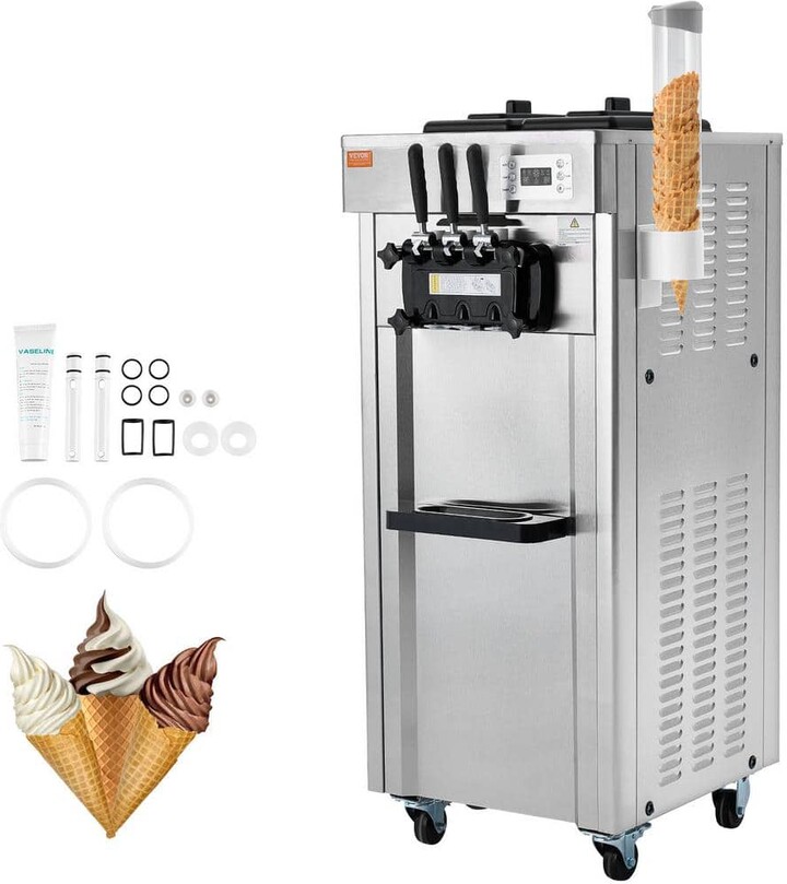 VEVOR Commercial Soft Ice Cream Machine 4.5Qt. Silver Ice Cream Maker 3 Flavors 5.3 to 7.4 Gal. per Hour PreCooling Auto Clean