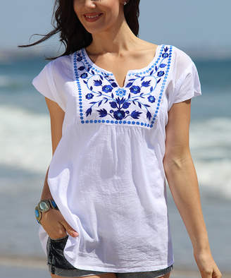 Ananda's Collection Women's Tunics white - White & Blue Semisheer Floral Embroidered Swing Top - Women