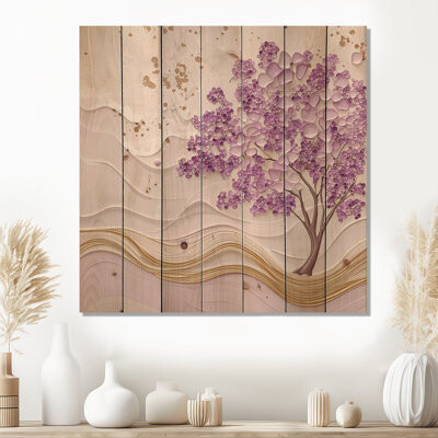 Purple Springtime Jacaranda Tree - Modern Landscape Wood Wall Decor On Natural Pine Wood