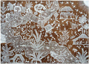 Exotic India Village Life - Tribal Painting | Cow Dung And Acrylic On Manjarpat Cloth | By Pravin Mhase
