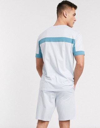 ASOS DESIGN pyjama short and tshirt set in cut and sew tonal blue and pintuck design shorts