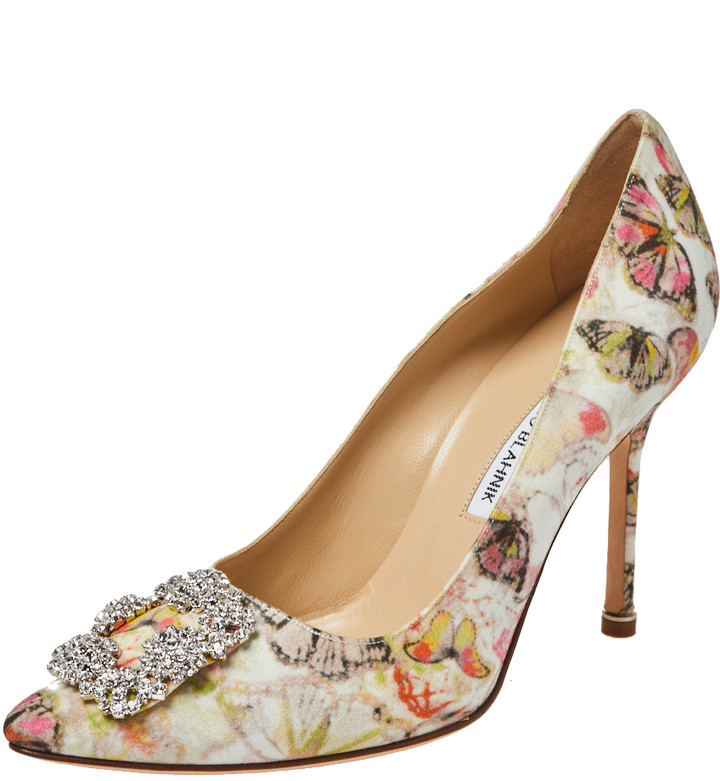 Manolo Blahnik Multicolor Butterfly Print Fabric Hangisi Pointed Toe Pumps Size 38.5