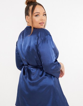 In The Style Plus x Lorna Luxe satin contrast trim robe with belt in navy