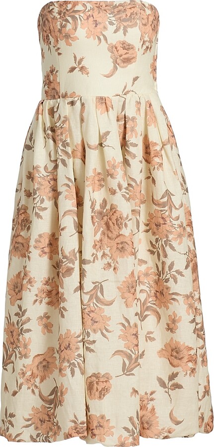 Cara Cara Women's Anisha Floral Linen Strapless Midi-Dress - Farfella Border Egret - Size 0