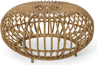 East Urban Home Ottawa Coffee Table-Bohemian Faux Rattan Weave Accent Table For Indoor Outdoor Use Handcrafted Round Side Table For Living Room Patio GardenLight