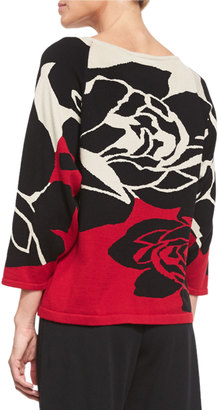 Joan Vass 3/4-Sleeve Rose Intarsia Sweater