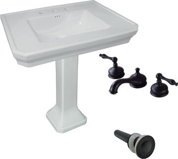 26" Tall White Ceramic Rectangular Pedestal Bathroom Sink with Faucet and Overflow