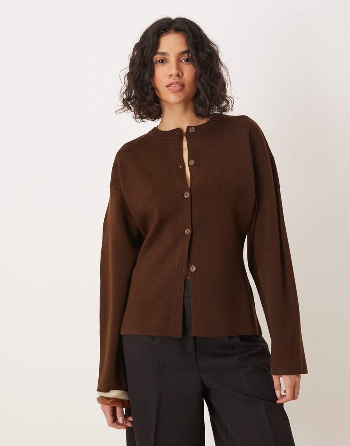 ASOS DESIGN knit structured crew neck cardigan in chocolate
