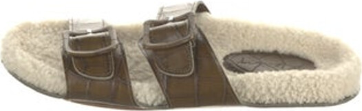 Definery Embossed Leather Slides Green Faux Fur Trim Multistrap & Buckle Closure At Uppers