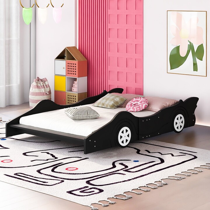 GEROJO Black Race Car Full Size Platform Bed with Rails and Sturdy