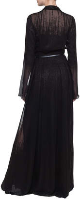 Akris Shirt-Collar Pleated-Skirt Metallic Georgette Evening Gown