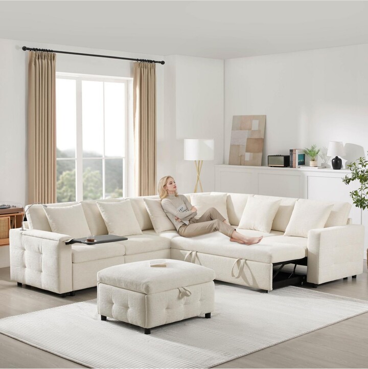 Streamdale Furniture Modular Sectional Sofa Bed- Flip Table Lamp Ports Ottoman Tufted 6 Pillows