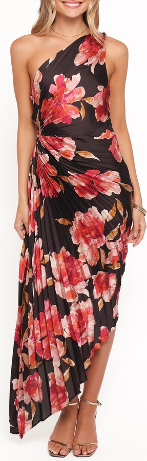 Petal & Pup Kleo Floral Pleated One-Shoulder Satin Cocktail Dress